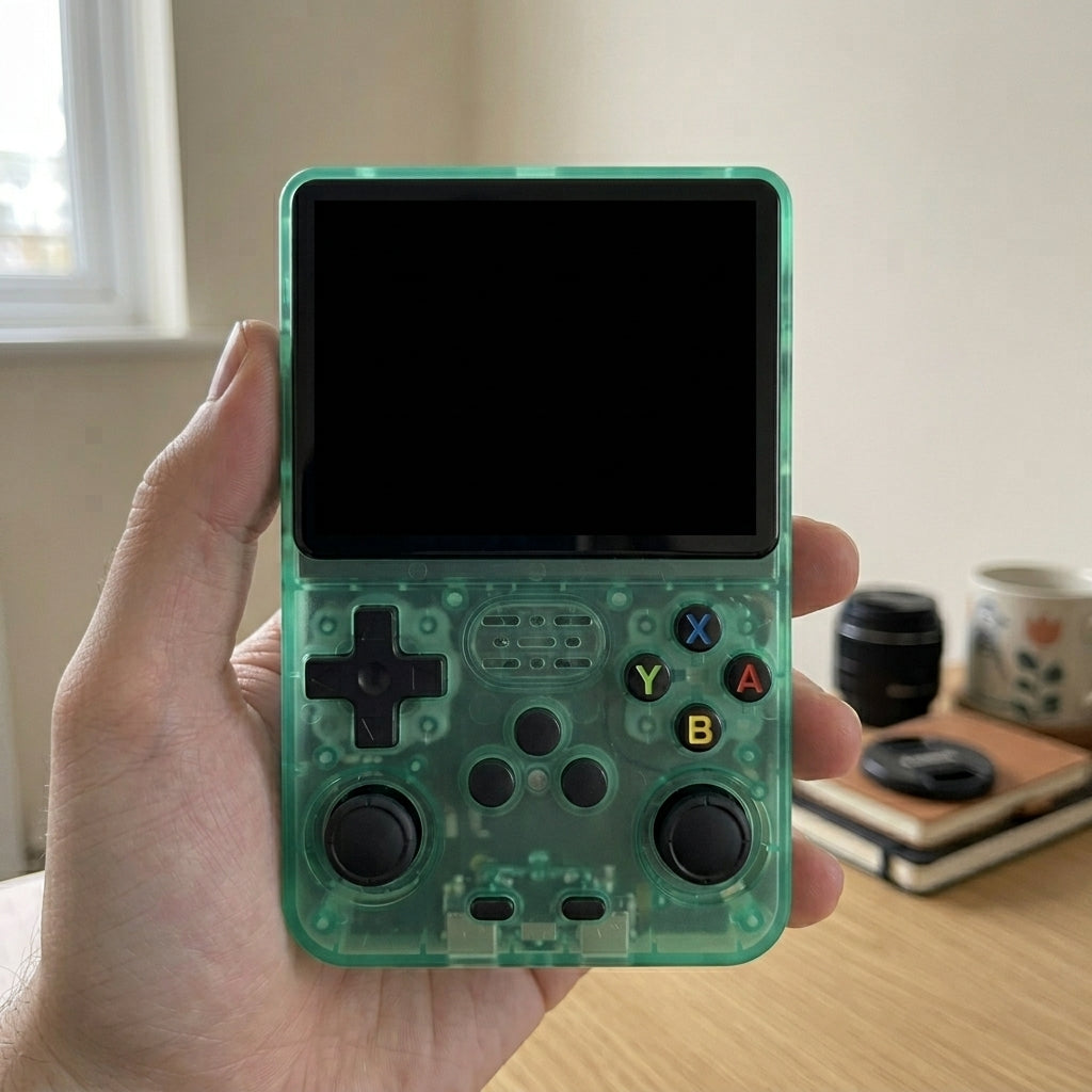 Unit 03, the green AliExpress unit, held in the same hand with a dead black screen