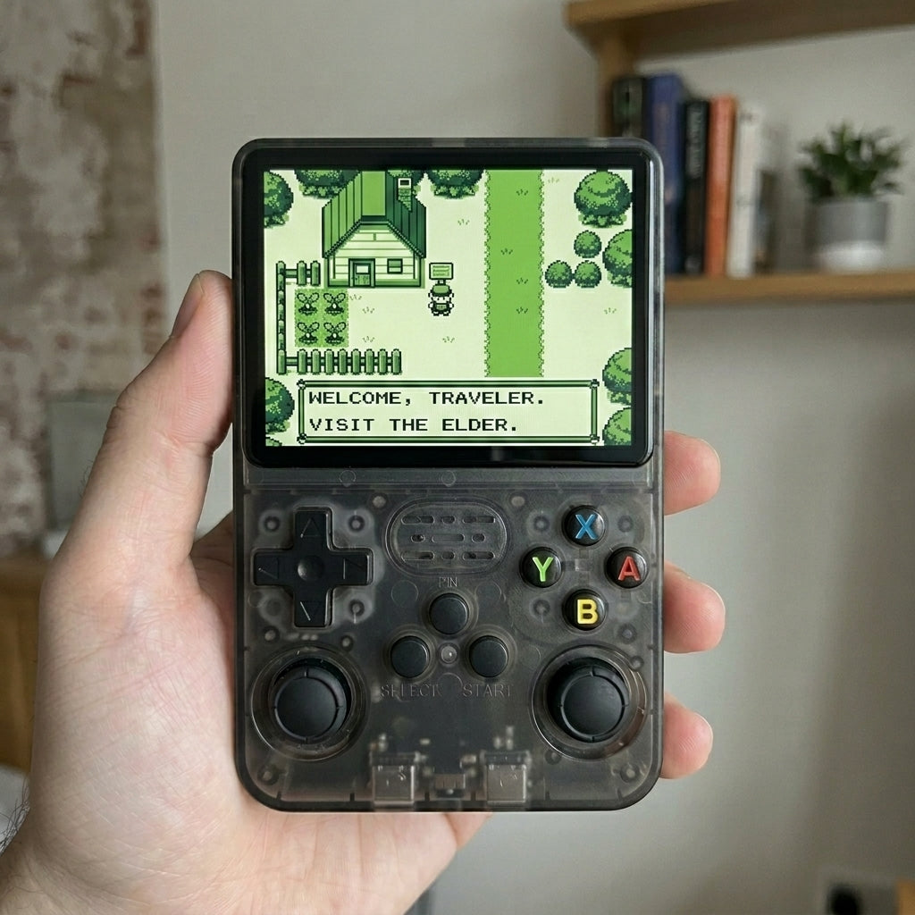 Unit 02, the smoke-black Amazon unit, held in hand and still running a Game Boy title