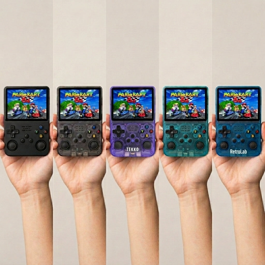 All five retro handhelds held up side by side, each powered on and running Mario Kart 64