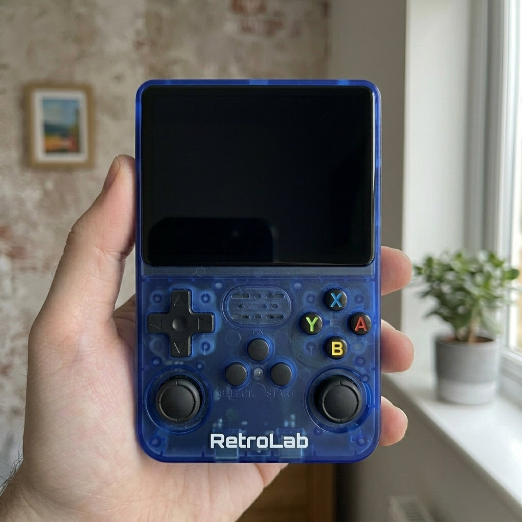 Unit 05, the blue RetroLab unit, held in the same hand with a dead black screen