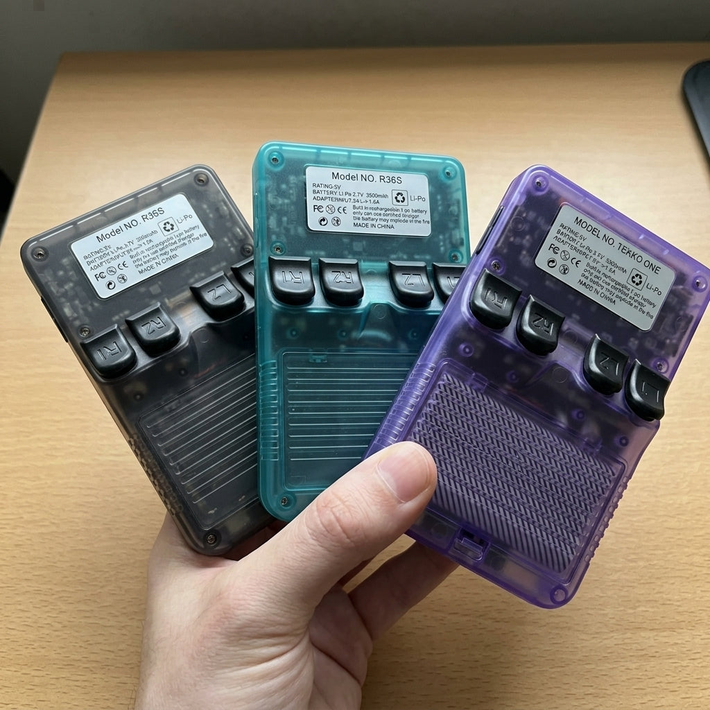 Three consoles held backs-to-camera: two labelled Model NO. R36S, one labelled MODEL NO. TEKKO ONE, otherwise identical shells